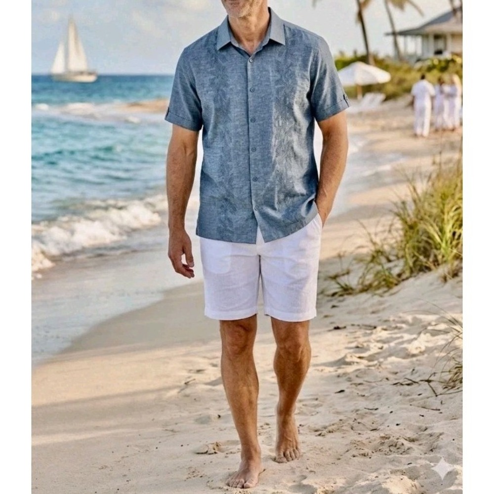 Cubavera Men's Short Sleeve Linen Cotton Blend Shirt Blue Guayabera Size XXL